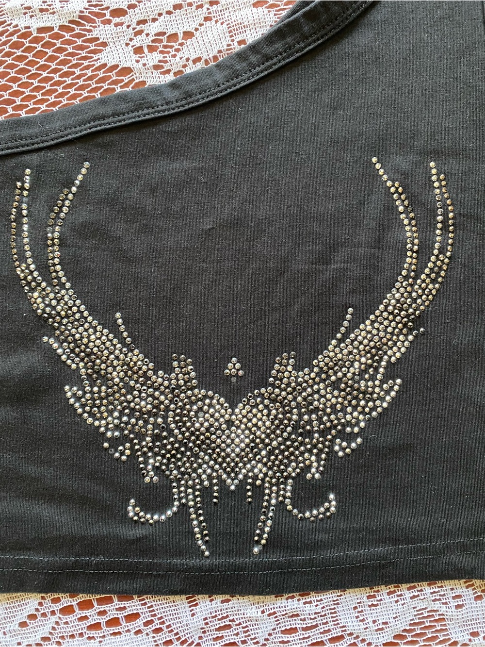 Black One-Shoulder Rhinestone Wing Crop Top - Picture 2 of 2